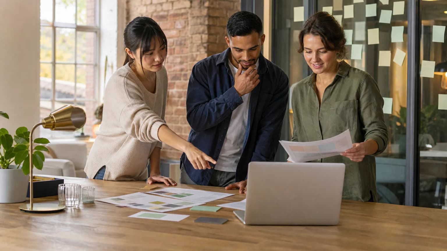 Three colleagues at an agency compare software options around a laptop and printed sheets in a bright studio.